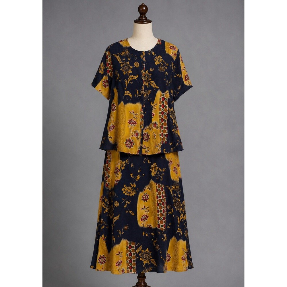 Norton McNaughton 2 Pc Skirt Set Top L Skirt M Navy Gold Floral Rayon Vintage